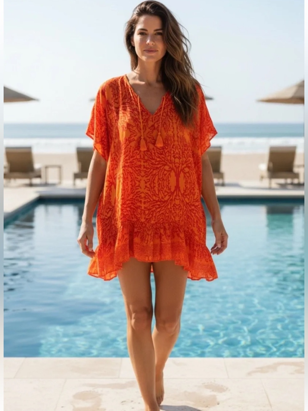 Nvelop Sun Bright Orange Beach Cover-Up Tunic Coral Reef Size S/M UV Protection